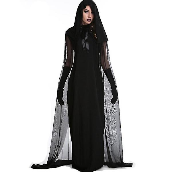 Svart huva tyll Cape - lång chiffong medeltida nätdräkt Vampyr brud skir mantel kostym för vuxna och tonåringar XL