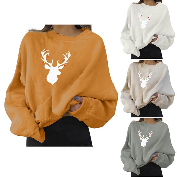 Ladie Casual Jul Älg Print Pullover Langærmet Sweatshirt I Yellow 3XL