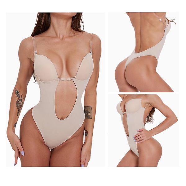 Kvinners Ryggløs Bodysuit Shapewear U Plunge Sømløs Thong Plunging Deep V-hals Body Shaper For Bryllup Beige XL(38)