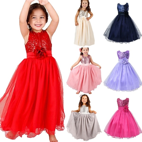 Söta flickor paljetterad blommaprinsessklänning barn navyblue Z navyblue 5-6Years