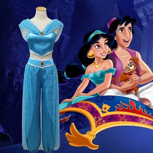 Aladdin Jasmine Princess Kostym Fancy Dress Up Carnivals Halloween Cosplay Party Outfits Dark Blue L