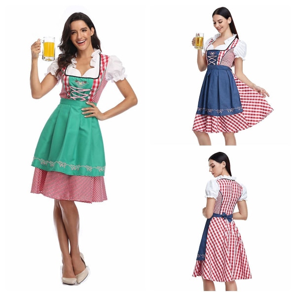 Womens Oktoberfest Beer Maid Kostume Bayersk Traditionel Dirndl Kjole 6 Farver Blue L