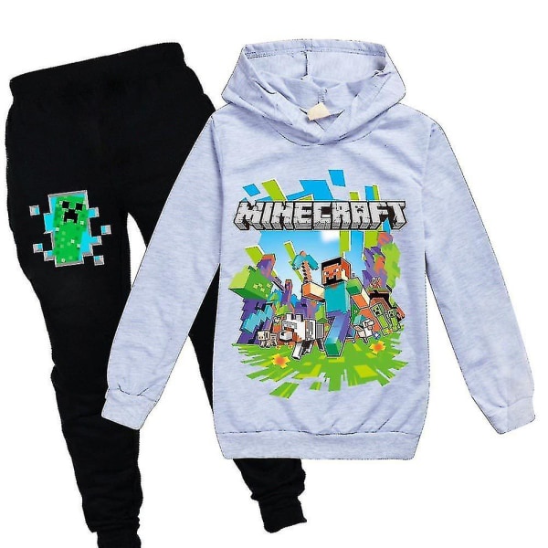 Børns Minecraft træningsoverall sæt med printede hættebukser casual Grey . Grey 100cm