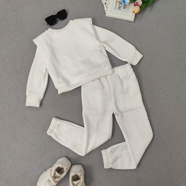 Tjejer med fickor 2 delar klädsel Enfärgade Sweatsuits Set I Vit 130cm