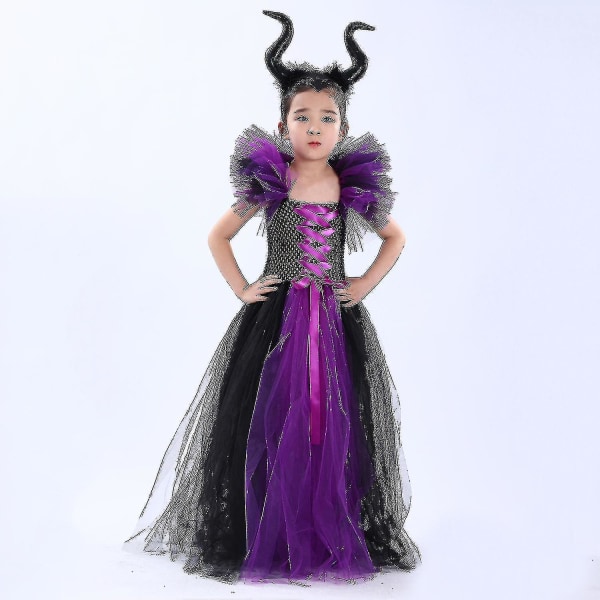 Barn Black Devil Kostyme Jenter Fancy Kostyme For Kjole Med Fjær Sjal Royal Maleficent Kjole Halloween Svart-lilla V1_s Høy Kvalitet I 6-7 Years