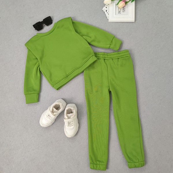 Tjejer med fickor 2 delar klädsel Enfärgade Sweatsuits Set I Grön 110cm