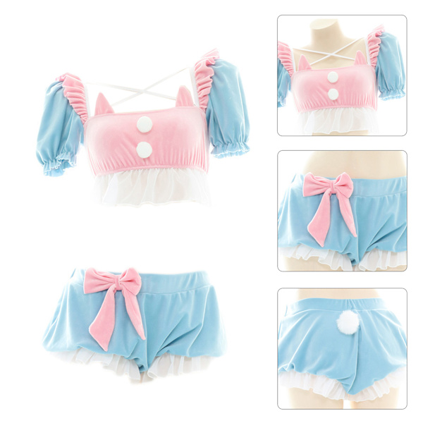 Lolita söt nattkläder puffärmar tube top och shorts underkläder set anime cosplay för kattöron pyjamas frestelse linge v
