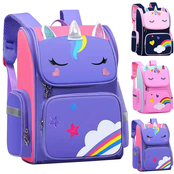 Barnevandtett skolesekk med tegneserie 3D Unicorn boksekk W Purple Small