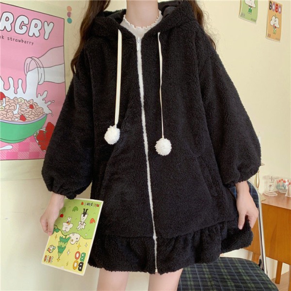 Damer Sød Bunny Ear Hoodie Fuzzy Fluffy Kanin Sweater Sweatshirt Pullover Toppe Langærmet Kawaii Jakke Frakker Sort XXL black xxl