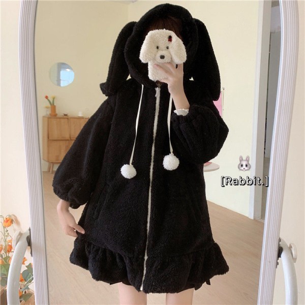 Damer Söt Bunny Ear Hoodie Fuzzy Fluffy Rabbit Sweater Sweatshirt Pullover Toppar Långärmad Kawaii Jacka Coats svart XL black xl