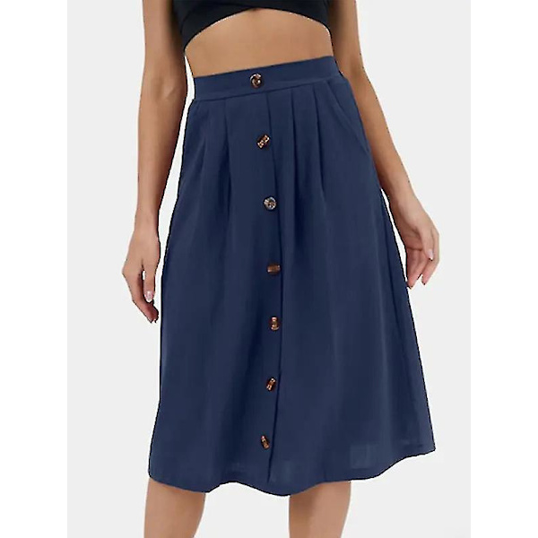 Halvkjol för kvinnor Casual Button Insert A-line kjol Elastisk midilängd med hög midja blue M