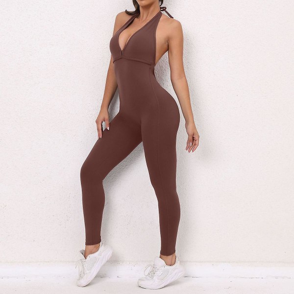 Kvinde Jumpsuit Onesie Træning Sæt Body Yoga Fitness Gym Træning Mave Kontrol Butt Lift Åndbar Sport Aktivtøj Coffee S