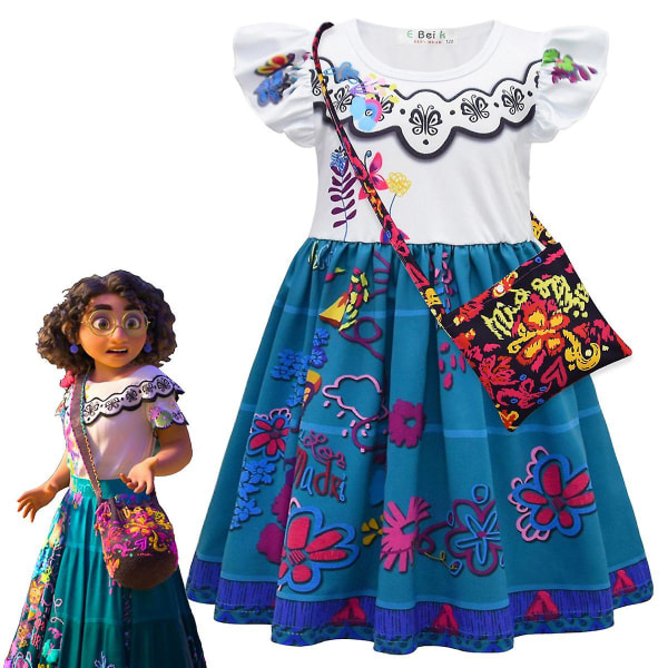 Piger Disney Encanto Mirabel Kjole Fest Fancy Dress Cosplay Kostume Dress and Bags 7-8 Years