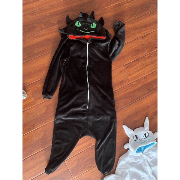 Hampaaton lohikäärme Valkoinen Musta Onesie Aikuinen unisex Flanelli Pyjama Anime Cosplay Puku Harjoittele yö Fury Yöpuku E46762ac I Black S  140*155cm