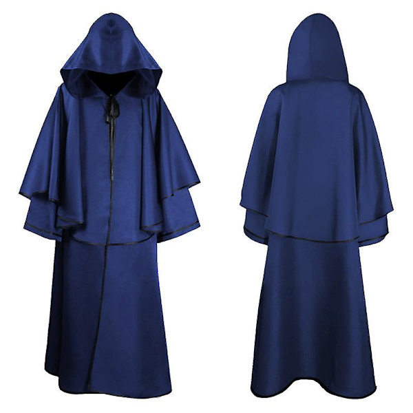 Middelalderlig 5-farvet kappe Halloween hætte kappe munk kappe kappe langærmet troldmand død kappe Blue XL