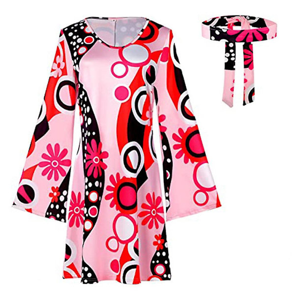 60-/70-luku/80-luku Naiset Hippie-asu ja Retro Cosplay-juhla Peace-merkki Mekko Pannanta Kiitos!! I Pink Red S