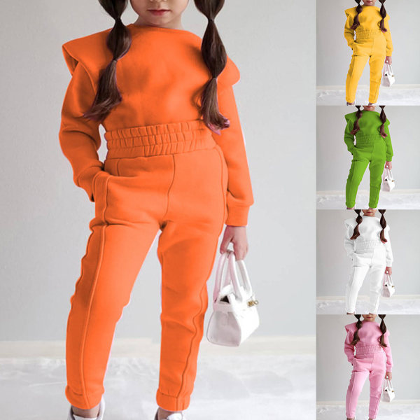 Tjejer med fickor 2 delar klädsel Enfärgade Sweatsuits Set I Orange 90cm