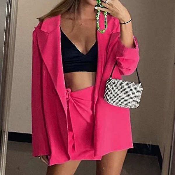 Kvinder Langærmede Business Jakker Work Cardigan Jakke Single Breasted Blazers V Rose Red M