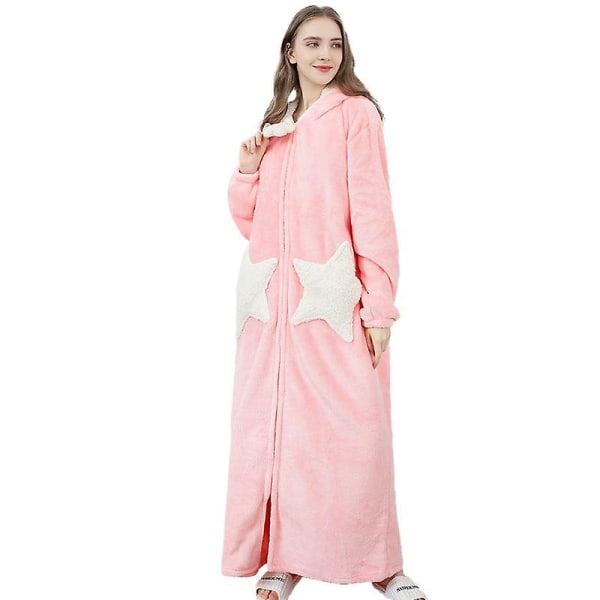 Dame Hætte Morgenkåbe Badekåbe Varm Tyk Coral Fleece Stjerne Lynlås Kåber Pink XL