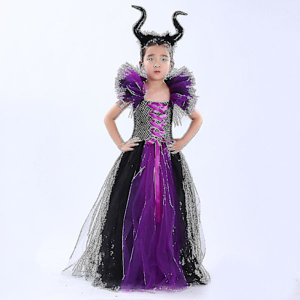 Barn Black Devil Kostume Piger Fancy Kostume Til Kjole Med Fjer Sjal Royal Maleficent Kjole Halloween Sort-lilla V1_s Høj Kvalitet I 2-3 Years