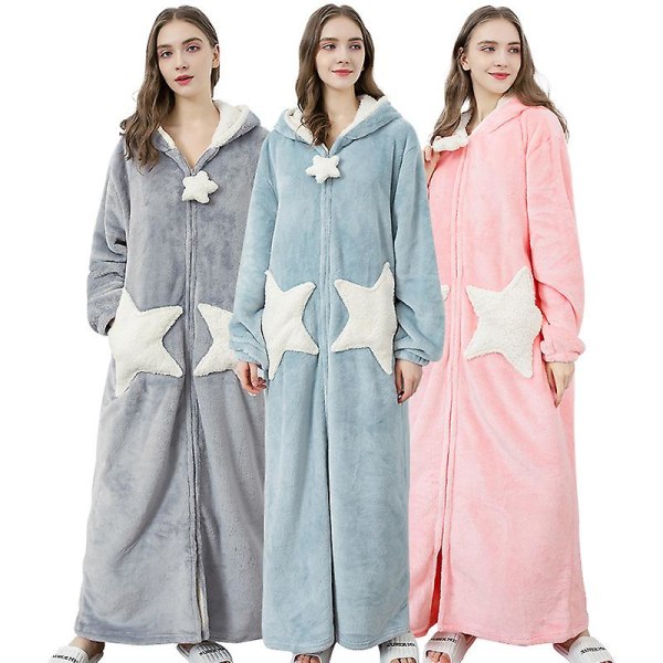 Kvinnor Huvmorgonrock Morgonrock Warm Thicken Coral Fleece Star Zip Robes Blue M