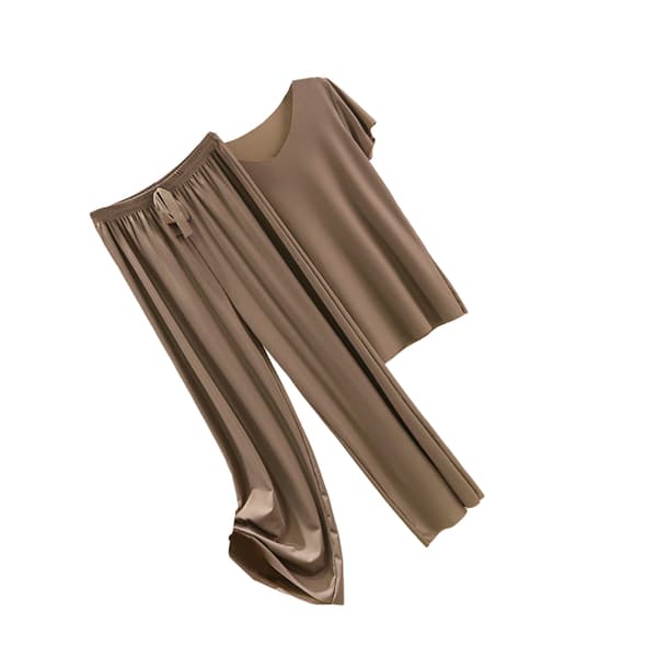 Kvinnor Ice Silk Pyjamas Set T-shirt Elastisk midja lösa byxor Dark khaki K Dark khaki L