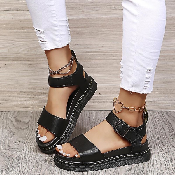 Damsandaler med platt form sommar ankelrem Chunky Platform Fashion Shoes I Black EU 40