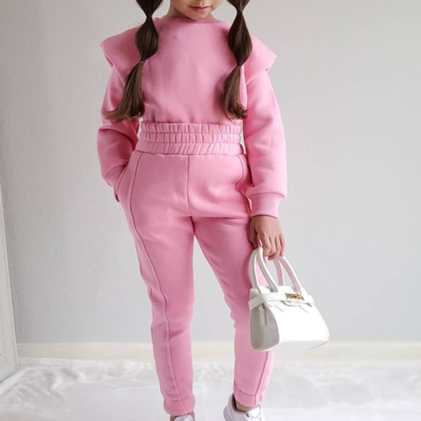 Jenter med lommer 2 deler antrekk Ensfarget Sweatsuits Sett I Rosa 140cm