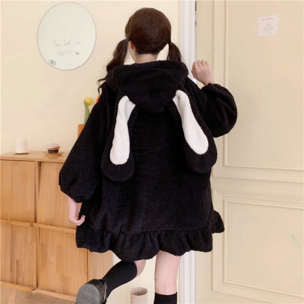 Damer Söt Bunny Ear Hoodie Fuzzy Fuffy Rabbit Sweater Sweatshirt Puover Toppar Långärmad Kawaii Jacka Coats svart L black l