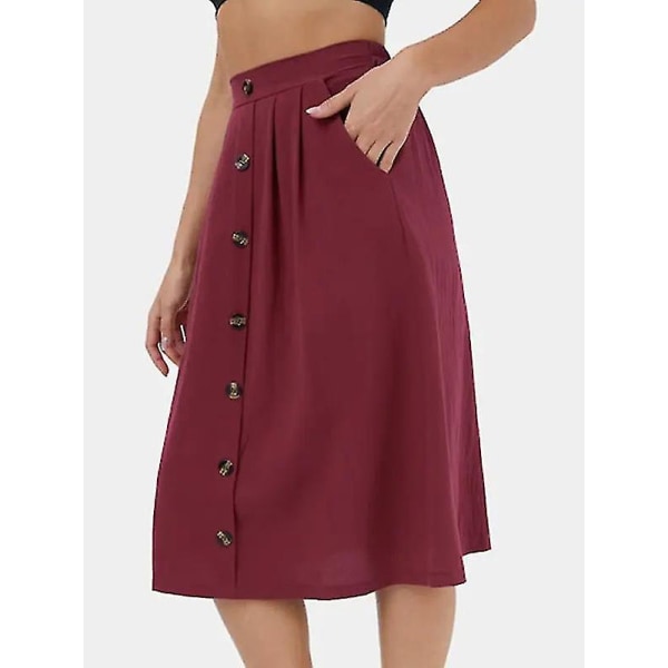 Halvkjol för kvinnor Casual Button Insert A-line kjol Elastisk midilängd med hög midja wine red L