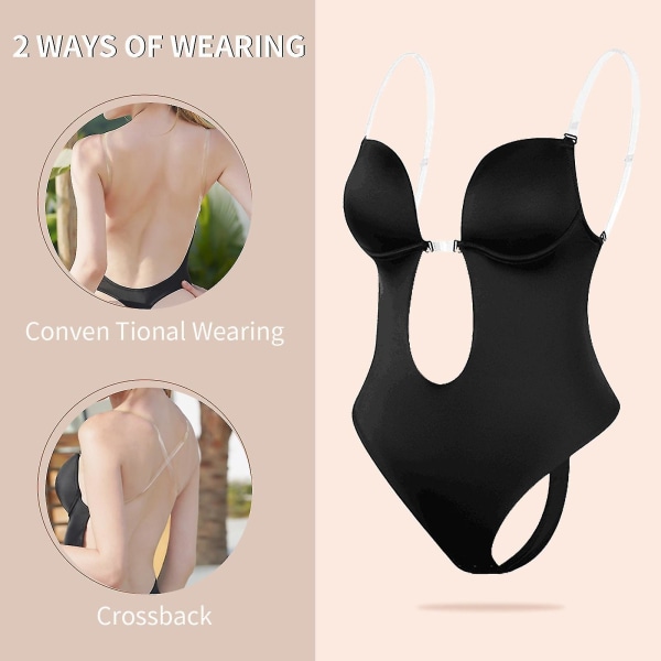 Kvinder Dyb V-hals Body Shaper Stropløs Rygløs Bodysuit Shapewear Black L(36)