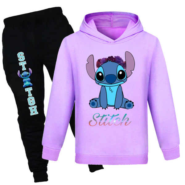 Lilo and Stitch Kids träningsoverall T-shirt Hoodie Sport Top Pants purple 160cm