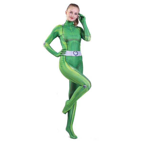 Totally Spies Cosplay-kostym för kvinnor och flickor Spandex Zentai Clover Ewing Samantha Simpson Green Adult L