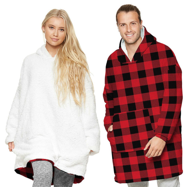 Oversized hættetrøje tæppe fleece rød ternet print hætte plys blød sweatshirt Red Plaid