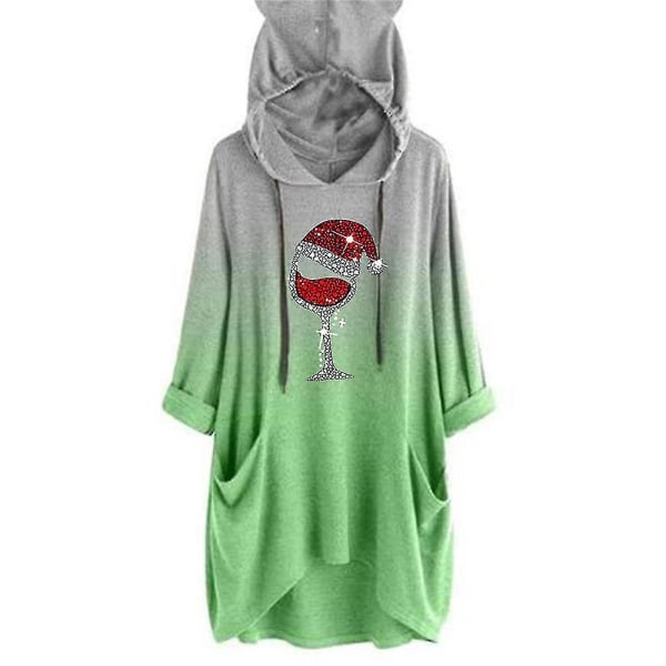 Plus Size Dame Jule Vin Glas Print Hoodie Hættetrøje Toppe Med Lommer-c Green 5XL