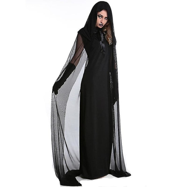 Svart hettekledd tyllkappe - Lang chiffon middelaldersk nettkjole Vampyrbrud Sheer Cloak Kostyme for voksne og tenåringer M