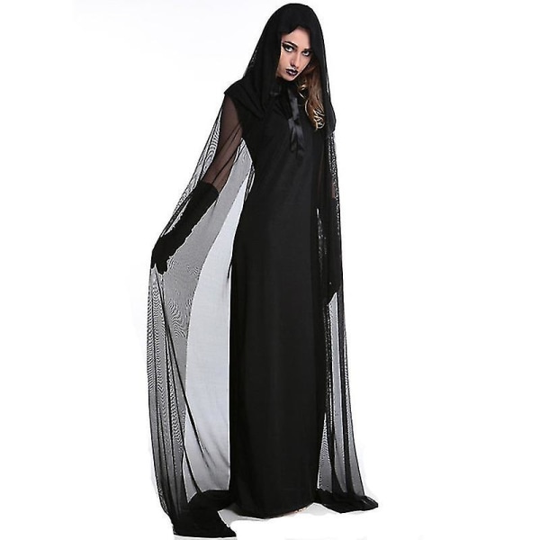 Svart hettekledd tyllkappe - Lang chiffon middelaldersk nettkjole Vampyrbrud Sheer Cloak Kostyme for voksne og tenåringer S