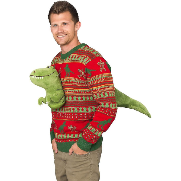 Unisex 3D T-rex Rød og Grønn Genser Ugly Christmas Sweater Herre Dame Xmas Kostyme 2XL Z 2XL