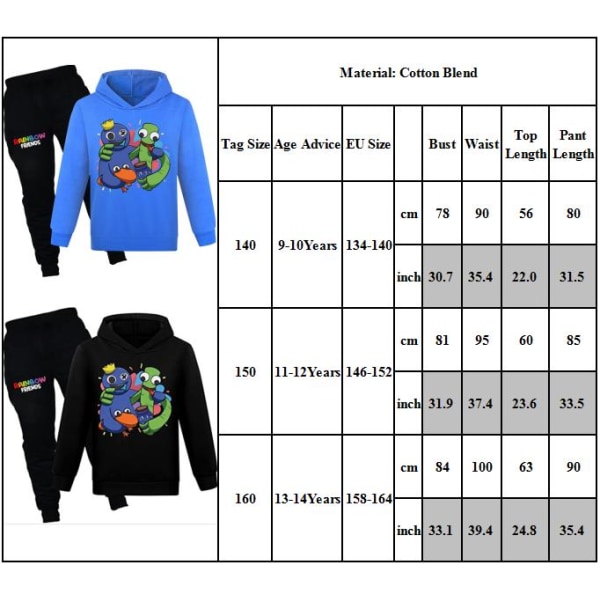 Pojkar Flickor Rainbow Friends Printed Hoodie Träningsbyxor & Byxor Set I Navy blue 160cm