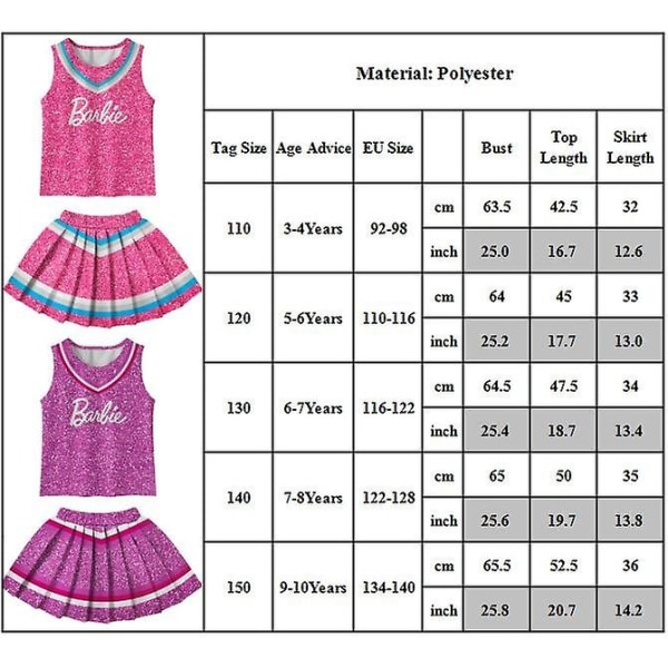 Barbie Cheerleader Cosplay Kostym Flickor Linne Plisserad kjol Uniform Outfits Halloween Carnival Presenter Pink 6-7 Years (130cm)