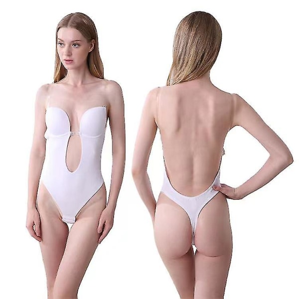 Kvinder Dyb V-hals Body Shaper Stropløs Rygløs Bodysuit Shapewear White S(32)