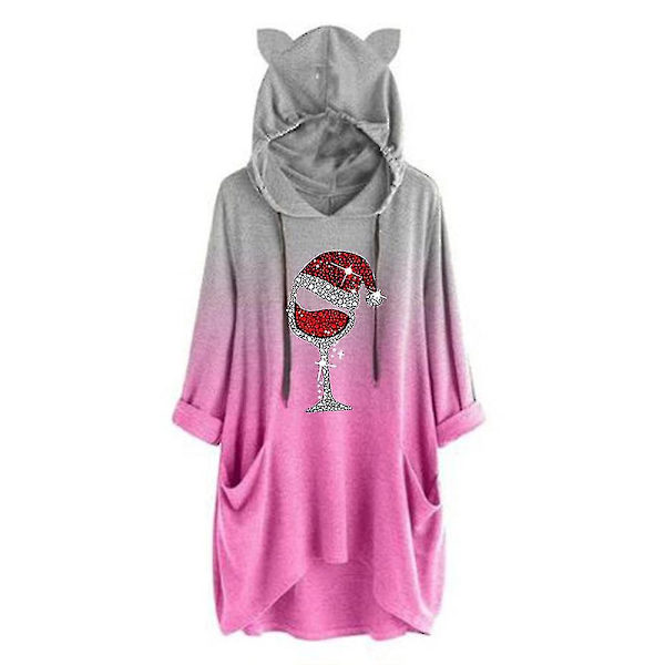 Plus Size Dame Jule Vinglas Print Hoodie Hættetrøje Toppe Med Lommer-c Pink XL