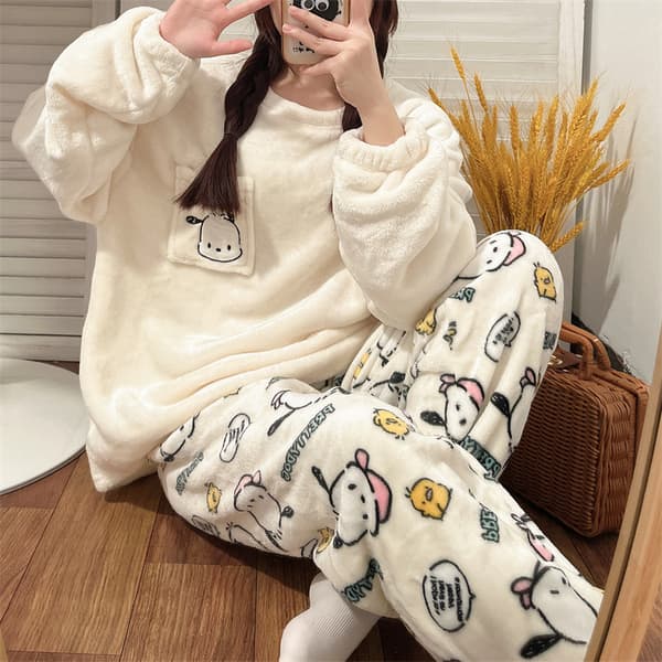 Mub - Flanel pyjamas til kvinder, sød efterår/vinter loungewear G Pacha dog L
