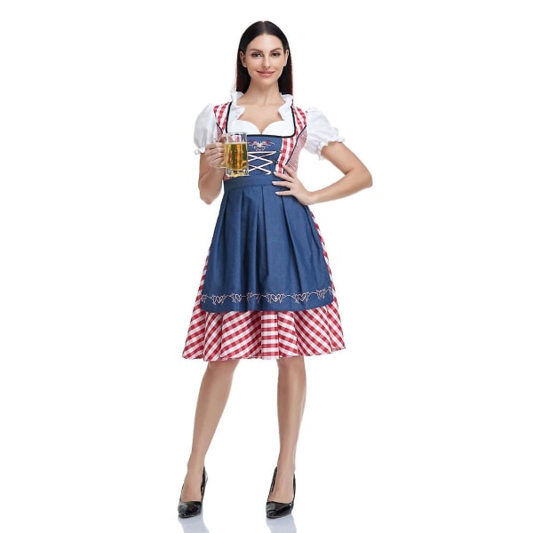 Womens Oktoberfest Beer Maid Kostume Bayersk Traditionel Dirndl Kjole Denim Red Check S