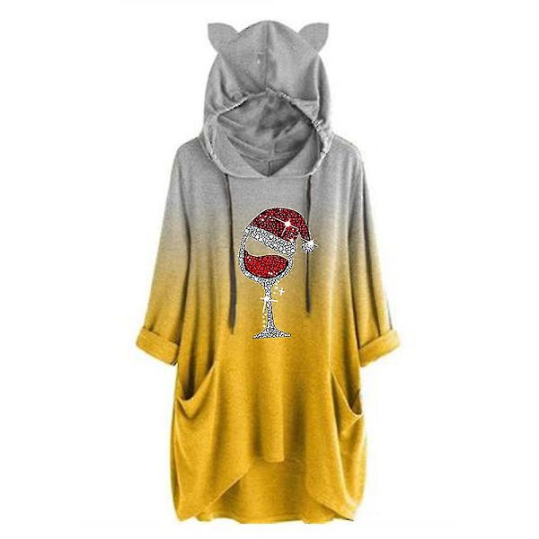 Plus Size Dame Jule Vinglas Print Hoodie Hættetrøje Toppe Med Lommer-c Yellow M