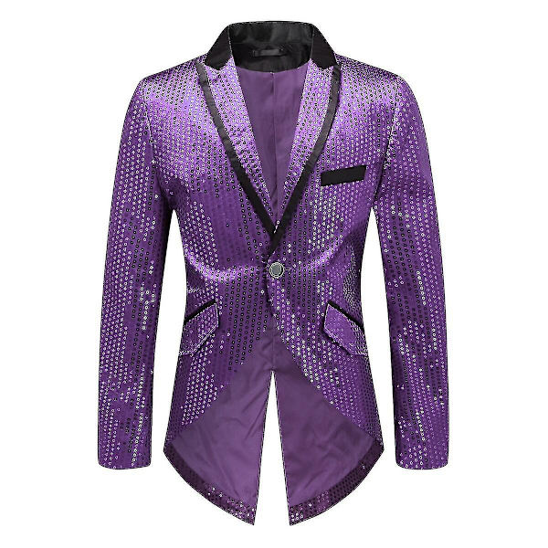 Sliktaa Herre Sequin Svalehalet Jakkesæt Fest Show Tux Kjole Frakke Purple M