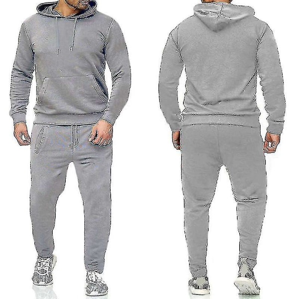 2 delar/ set Fitness träningsoverall för män Casual Sportbyxor Topp Sweatsuit Huvtröja Set #yogu I Light Grey XL