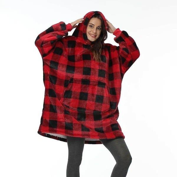 Oversized hættetrøje tæppe fleece rød ternet print hætte plys blød sweatshirt Red Plaid