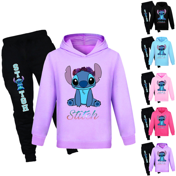 Lilo and Stitch Kids träningsoverall T-shirt Hoodie Sport Top Pants purple 160cm