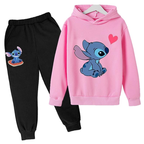 Lilo Stitch Træningsdragt 2pcs Hættetrøje Top Hoodie Bukser Outfit Sæt Sportstøj Til Børn Pink 160cm